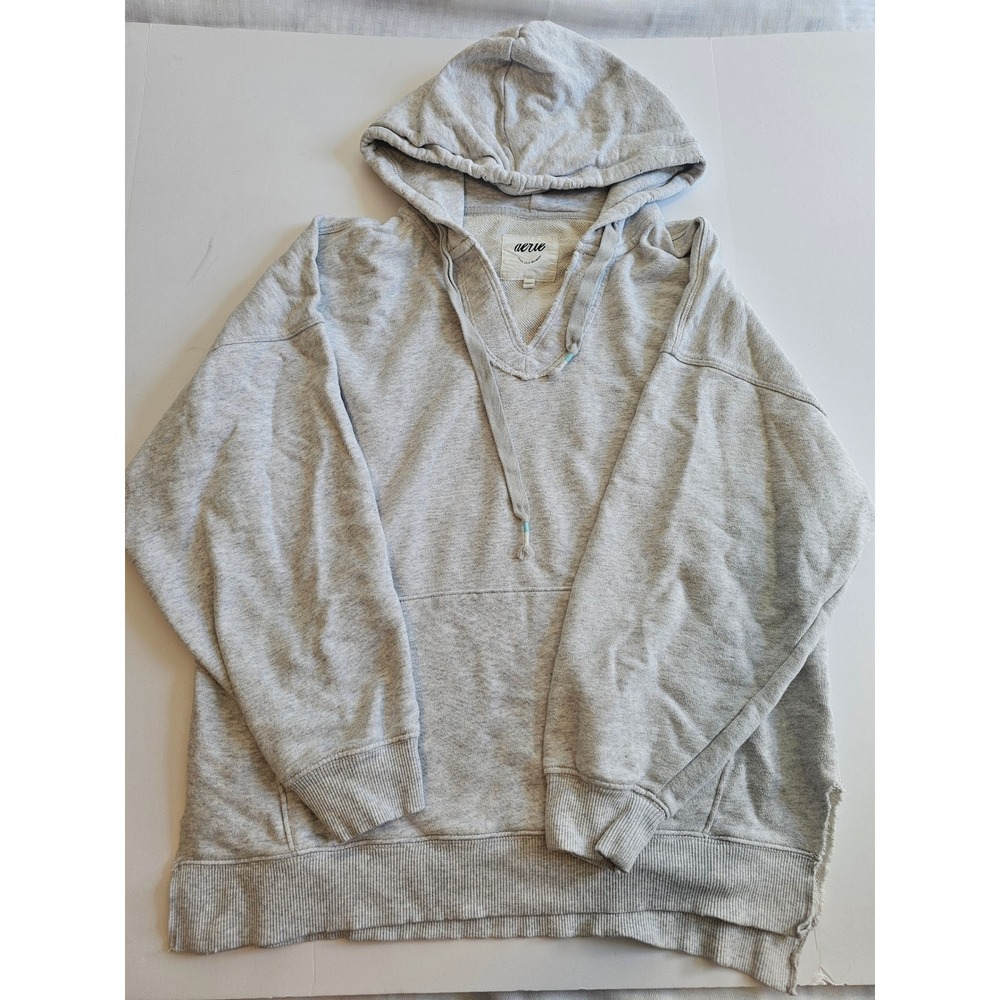 Aerie Hoodie Women S Gray Oversized V-Neck Pullover Sweatshirt‎ Cotton Blend